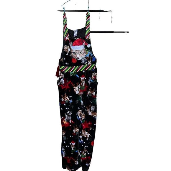 Nobo Womens (Jrs) Black Velvet Christmas Kitty Cat‎ Holiday Overalls Jumpsuit XS - Picture 1 of 9